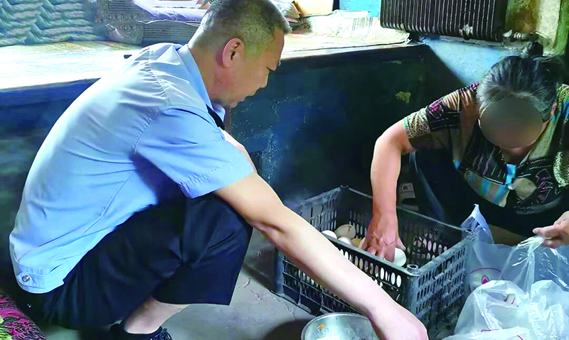 頭題圖，劉大銘幫轄區(qū)困難群眾分撿雞蛋